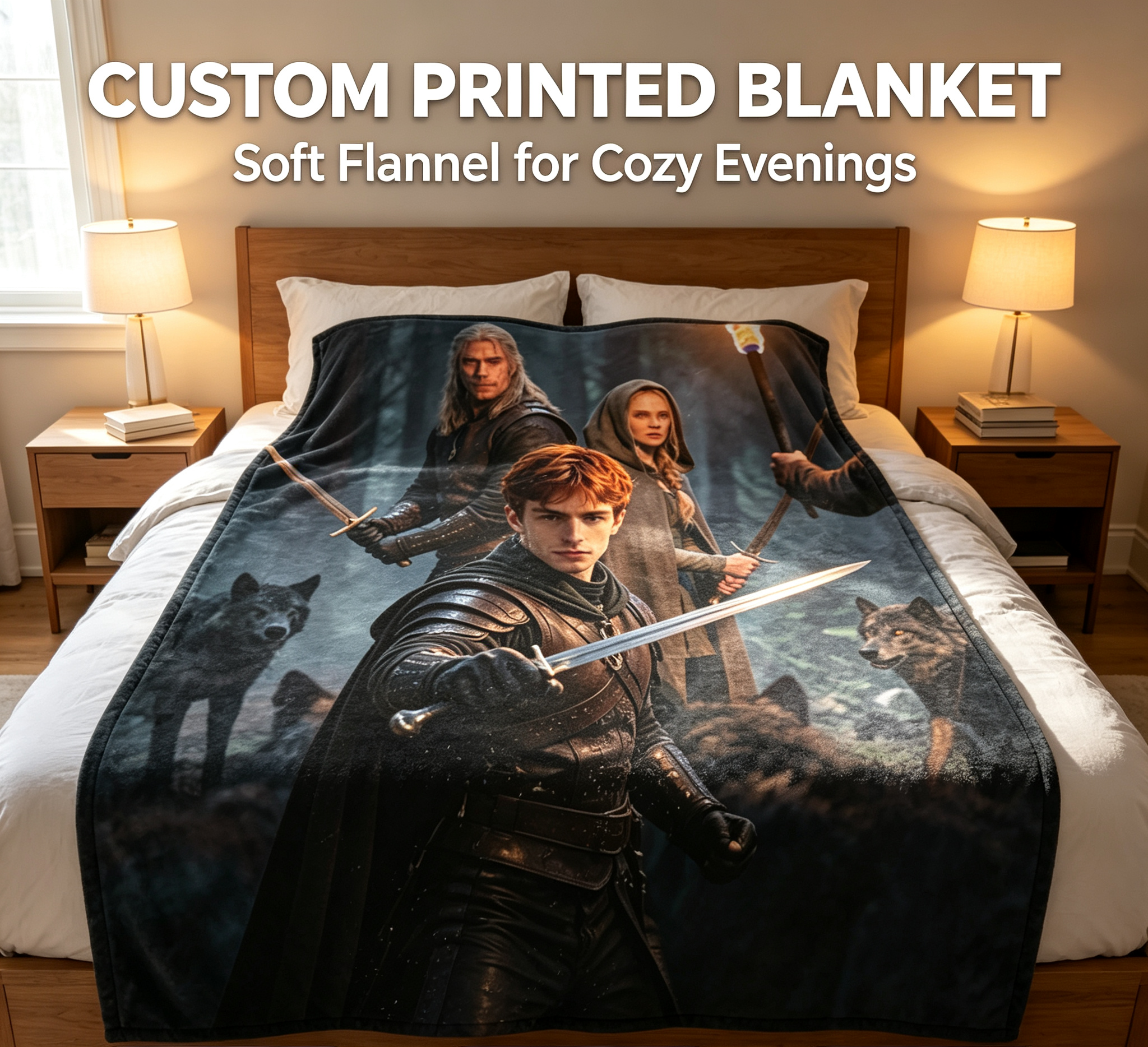 Custom Face Blanket Fantasy Warrior Forest Scene Flannel Blanket Perfect for Couch Reading or Camping Gift Idea