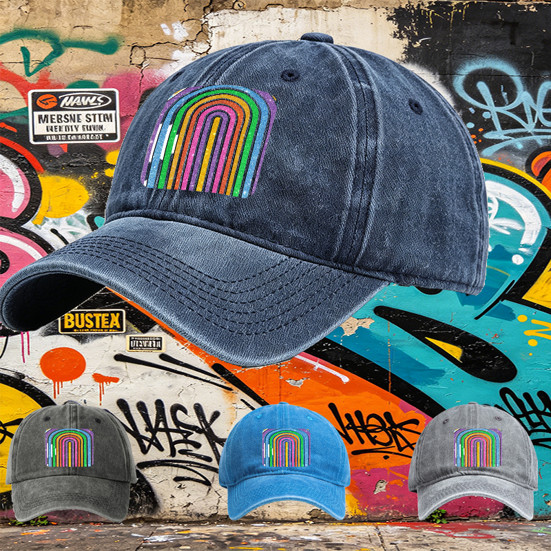 Unisex Classic Washed Baseball Cap with Glitter Rainbow Arc Print - Stylish Sun Protection Hat for Outdoor Activities, Perfect for Fashion-Lovers and Casual Wearers