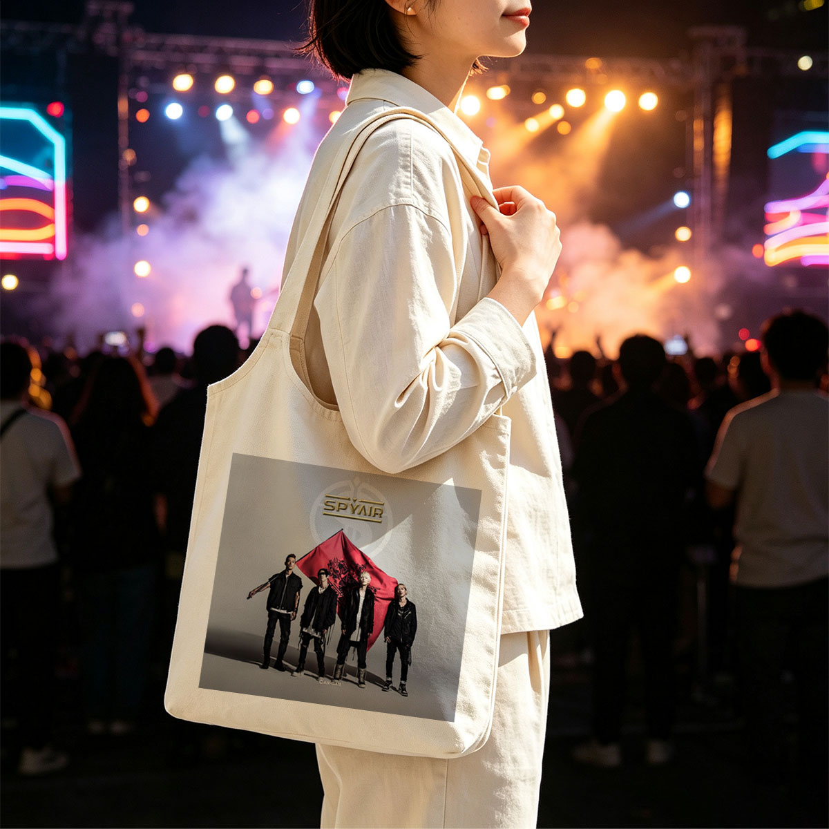 SPYAIR Band Members Standing with Red Flag in Studio Portrait - Canvas shoulder bags/
