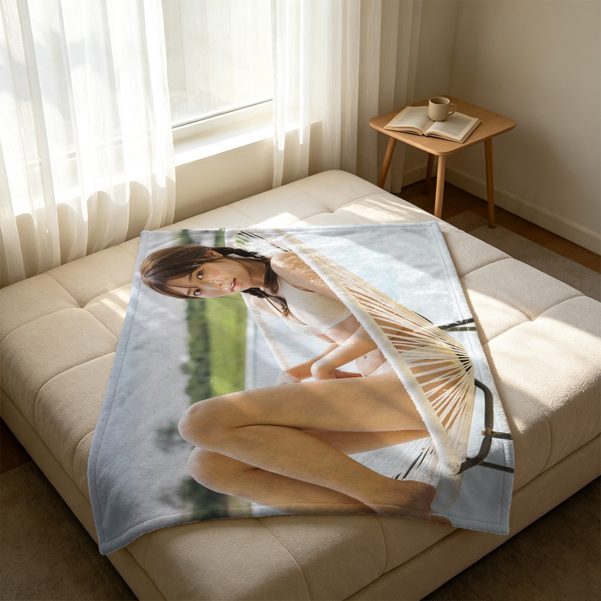 Nude Japanese Woman in Blue Shower Tiles - Blanket