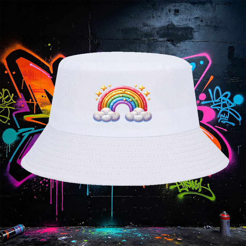 Unisex Rainbow Print Bucket Hat with Sparkling Stars and Clouds Design, Classic Cotton Fisherman Hat for Outdoor Activities, Beach, Travel, and Casual Wear, Perfect for Adults and Teens Seeking Fun and Colorful Fashion Accessory