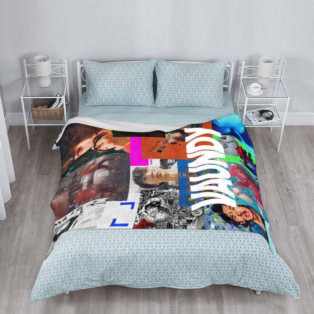 VAUNDY in a vibrant collage of artistic scenes featuring expressive faces, colorful imagery, and dynamic visuals - Blankets