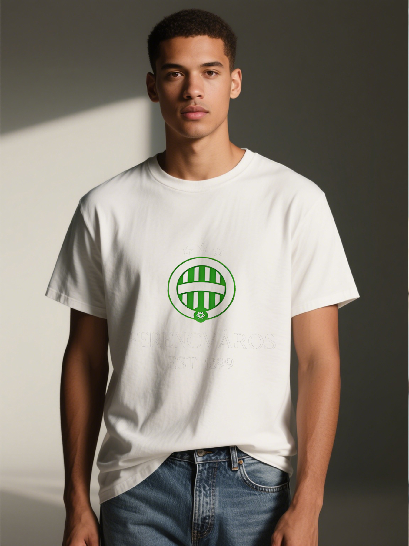 Men's Ferencvaros FC Logo Print T-Shirt Green White Crest Design Casual Round Neck Lightweight Breathable Summer Short Sleeve Tee for Football Fans and Sports Enthusiasts
