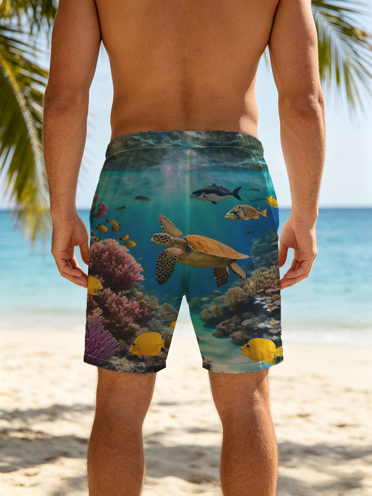 Colorful Coral Reef with Sea Turtle and Fish -  Beach shorts