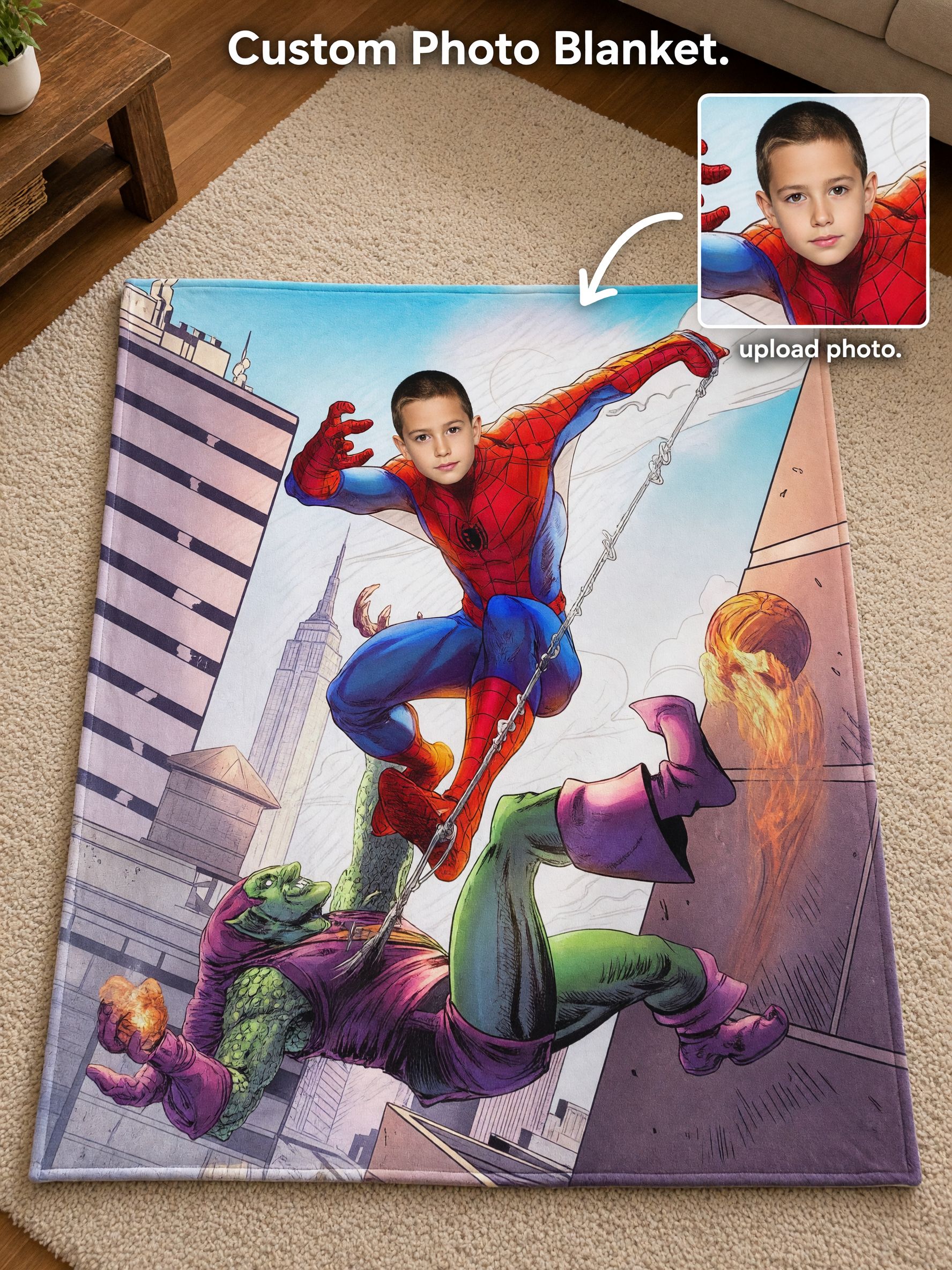 Custom Face Superhero Flannel Fleece Blanket, Personalized Comic Photo Bed Throw, Skin-Friendly Warm Keepsake Gift