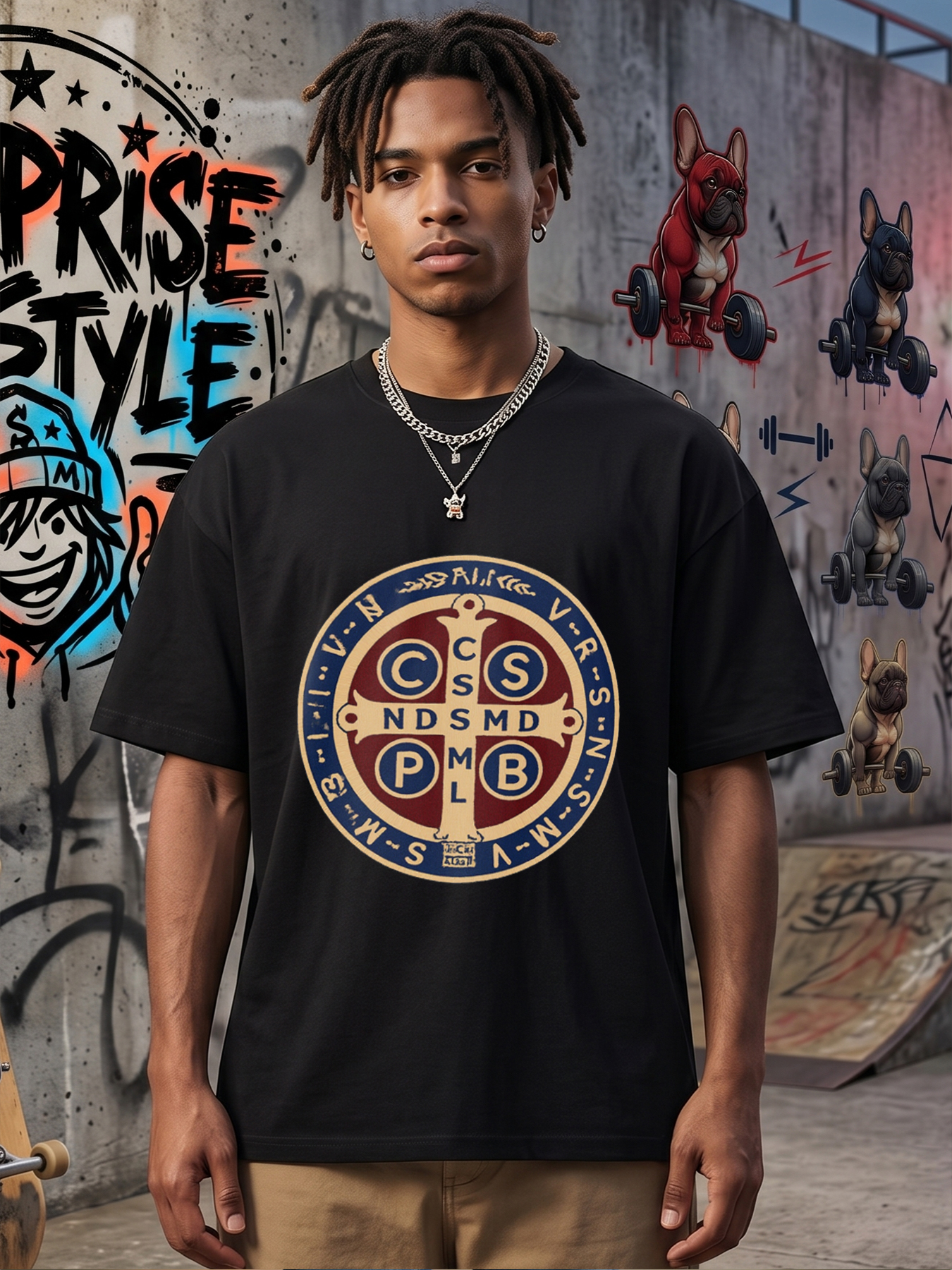 Men's Printed T-Shirt with Saint Benedict Medal Design and Religious Symbolism - Casual Round Neck Lightweight Breathable Summer Short Sleeve Tee for Faithful Men, Perfect for Daily Wear, Church, or Spiritual Activities