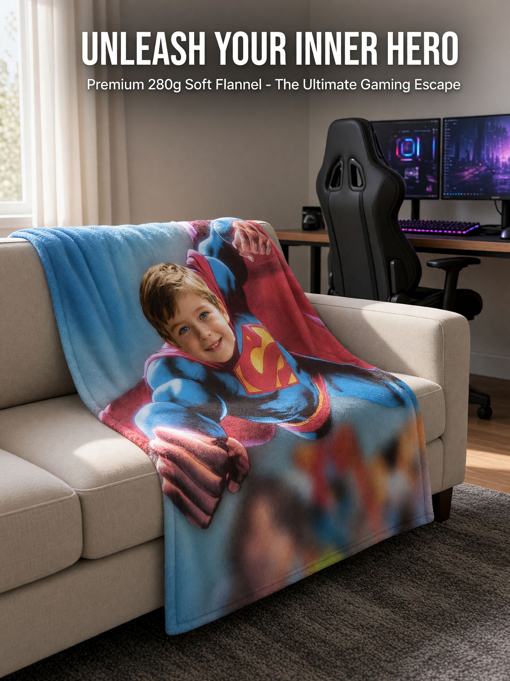 Custom Face Photo Superhero Blanket, Personalized Ultra Soft Flannel Throw for Kids, Cozy Bed Couch Gift