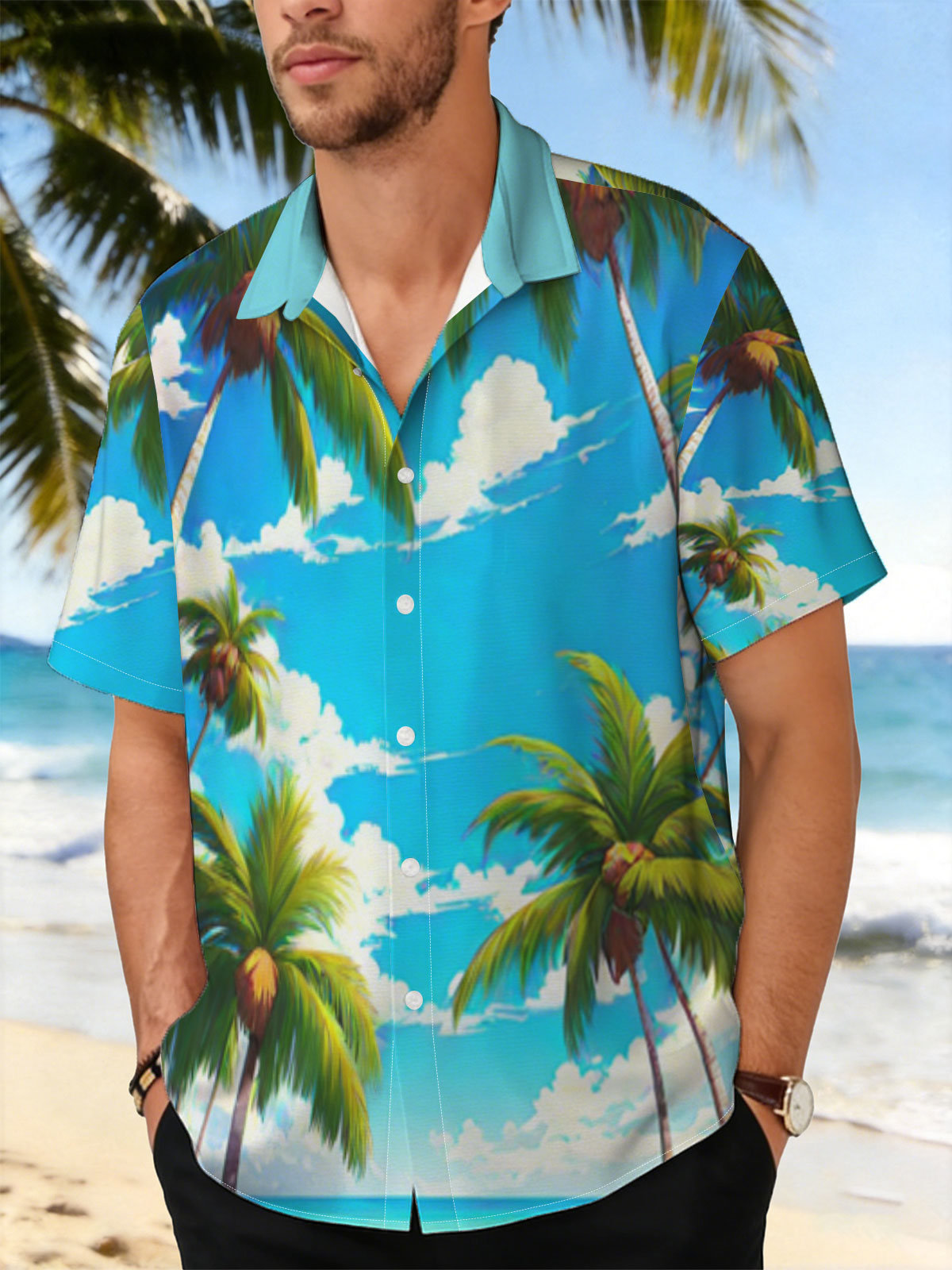 Tropical Beach with Palm Trees and Blue Sky -  Shirt