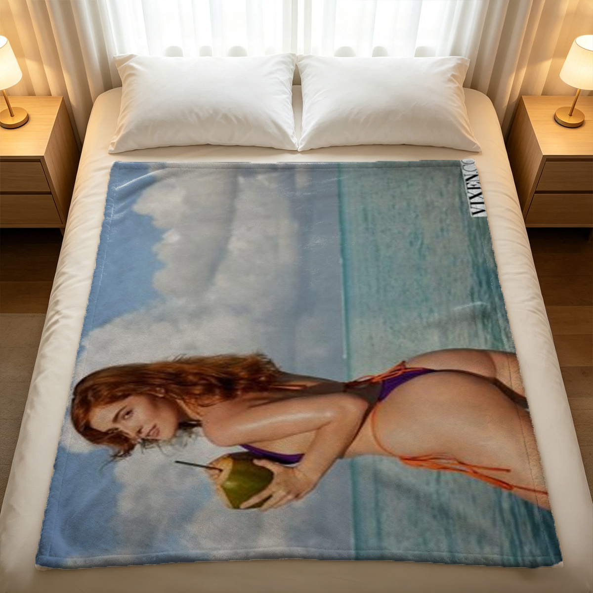 Blonde Woman in White Lingerie Lounging on Brown Leather Couch - Blanket