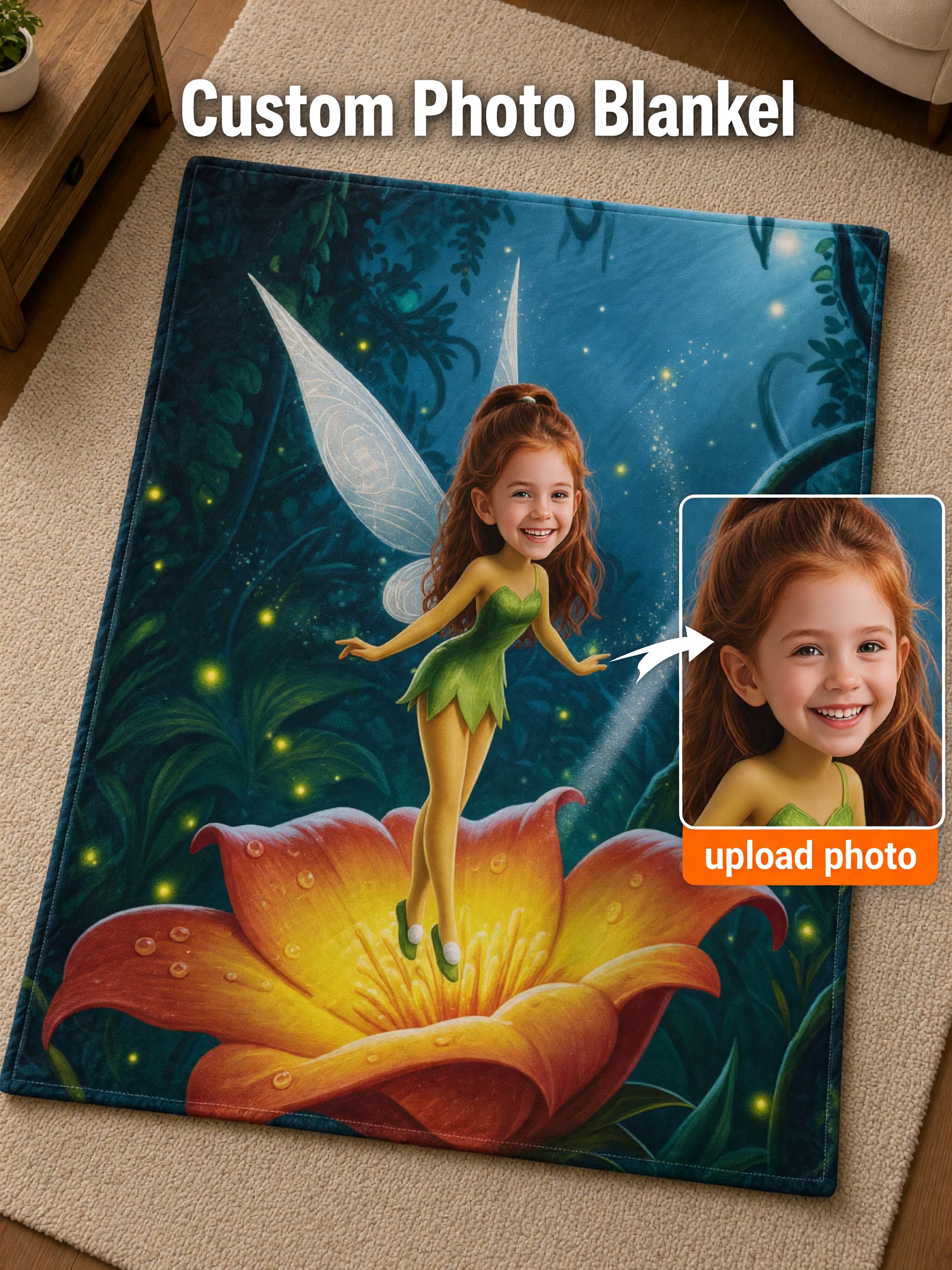 Custom Face Fairy Blanket, Personalized Flannel Throw, Soft Magical Garden Fleece Blanket, Ideal Keepsake Gift