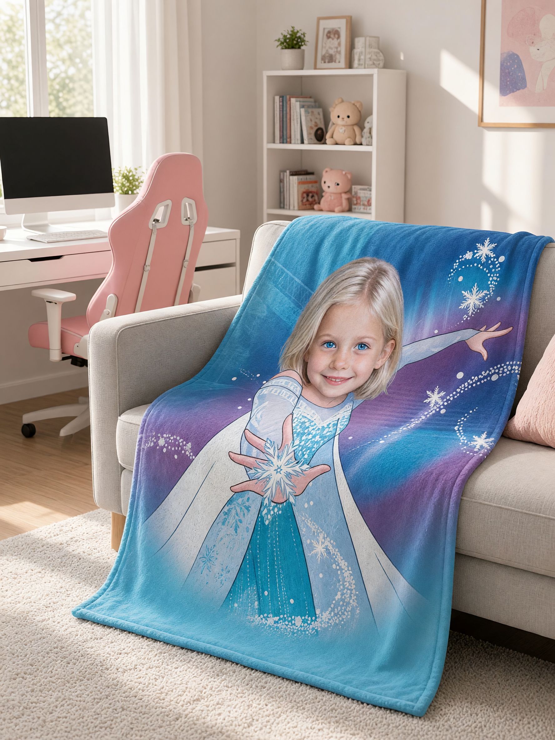 Personalized Face Photo Blanket Custom Ice Princess Flannel Throw Soft Warm Fleece Bed Couch Gift for Girls