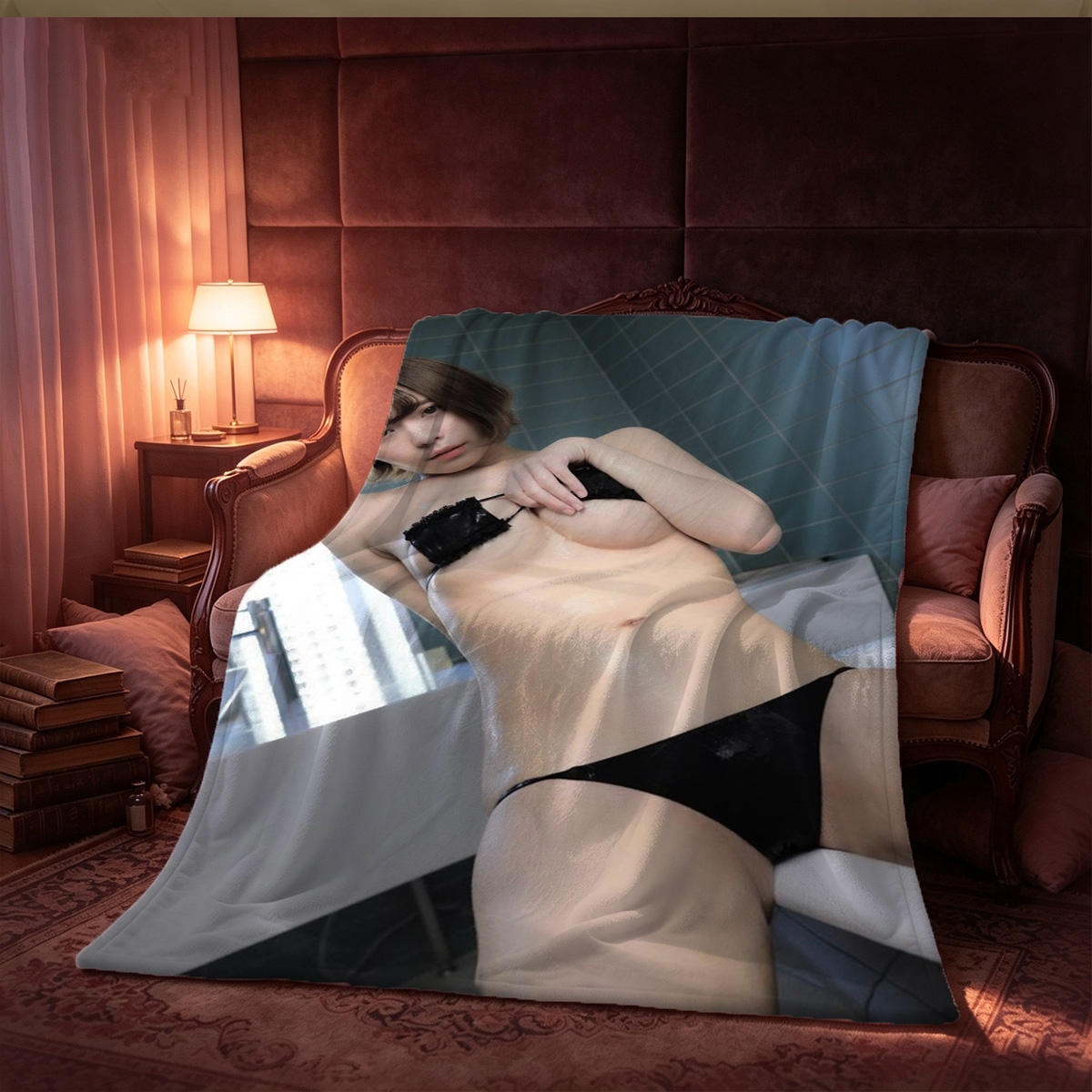 Nude blonde woman with bob haircut standing in bedroom, back view. - Blanket