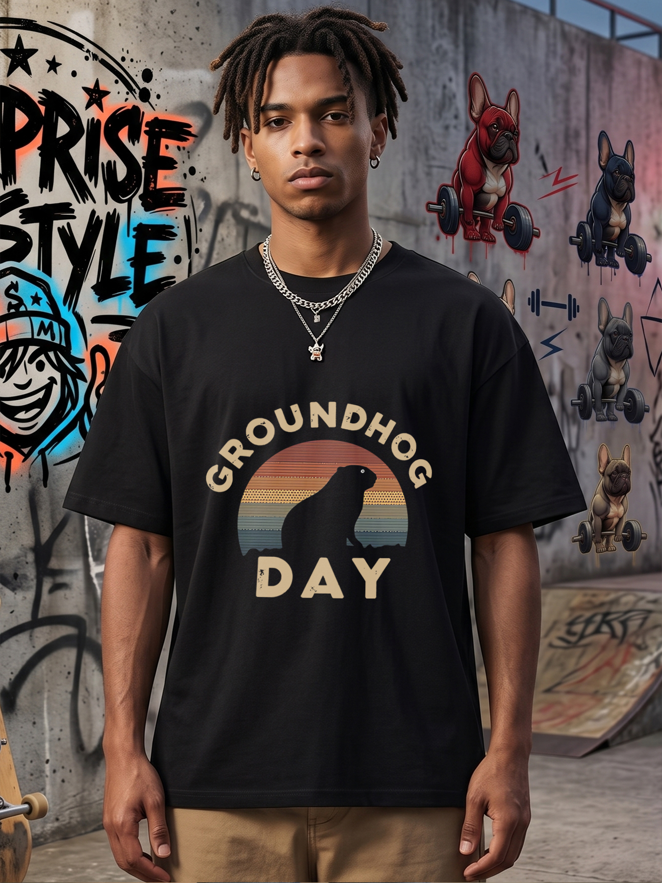 Men's Groundhog Day Print T-Shirt with Retro Sunset Silhouette Design Casual Round Neck Lightweight Breathable Summer Short Sleeve Tee for Outdoor Events and Festivals Adults