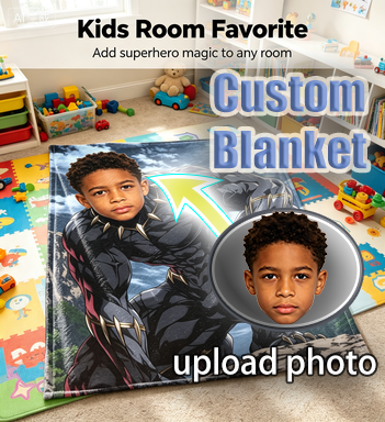 DIY Custom Face Black Panther Blanket, Wild Mountain Theme Upload Kid Photo Personalized Fleece Throw Blanket for Boys