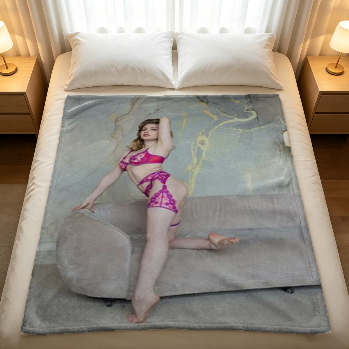 A Japanese woman in a purple off-shoulder knit top and beige skirt sitting on a bed. - Blanket