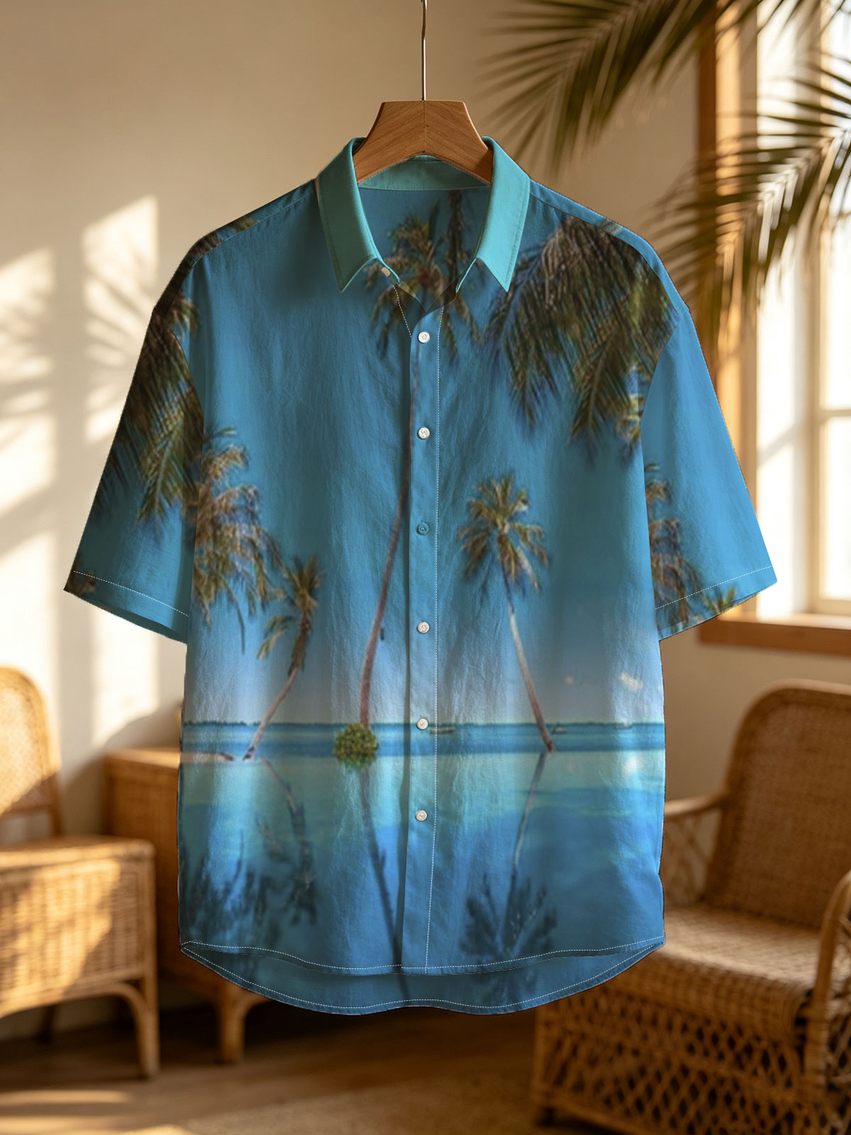 Tropical palm trees reflected in crystal-clear infinity pool under a vibrant blue sky. -  Shirt