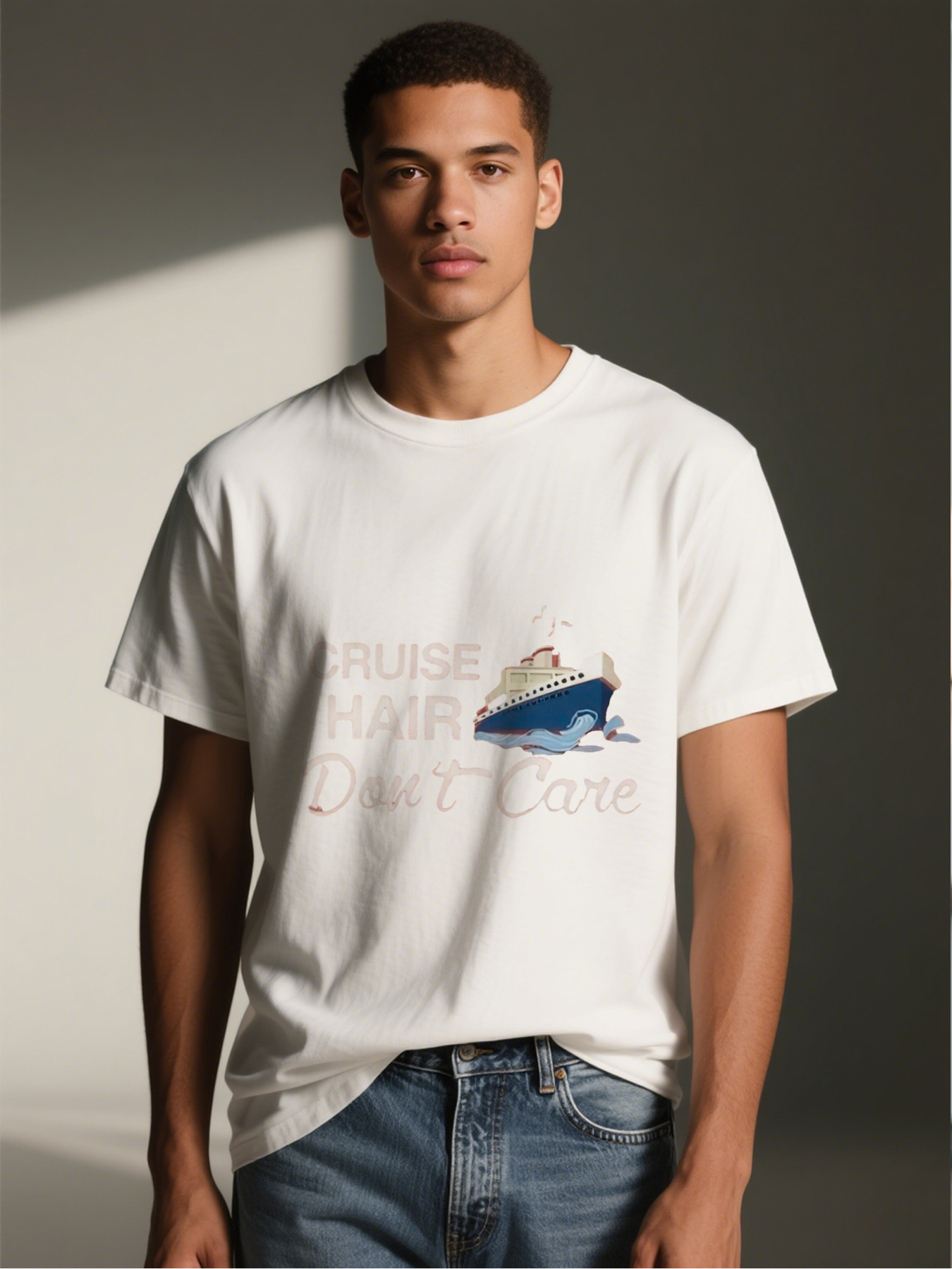 Men's Cruise Hair Don't Care Printed T-Shirt Cartoon Ship Design Casual Round Neck Lightweight Breathable Summer Short Sleeve Tee for Vacation Travel Outdoors Adults