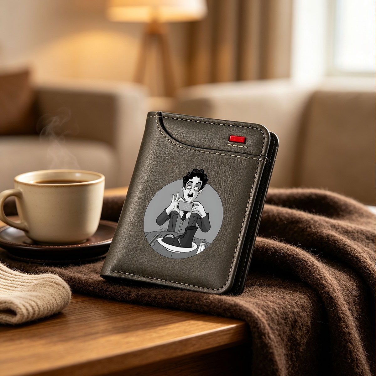 Man in Suit Takes Photo of Boot on Plate - Vertical Style Wallet