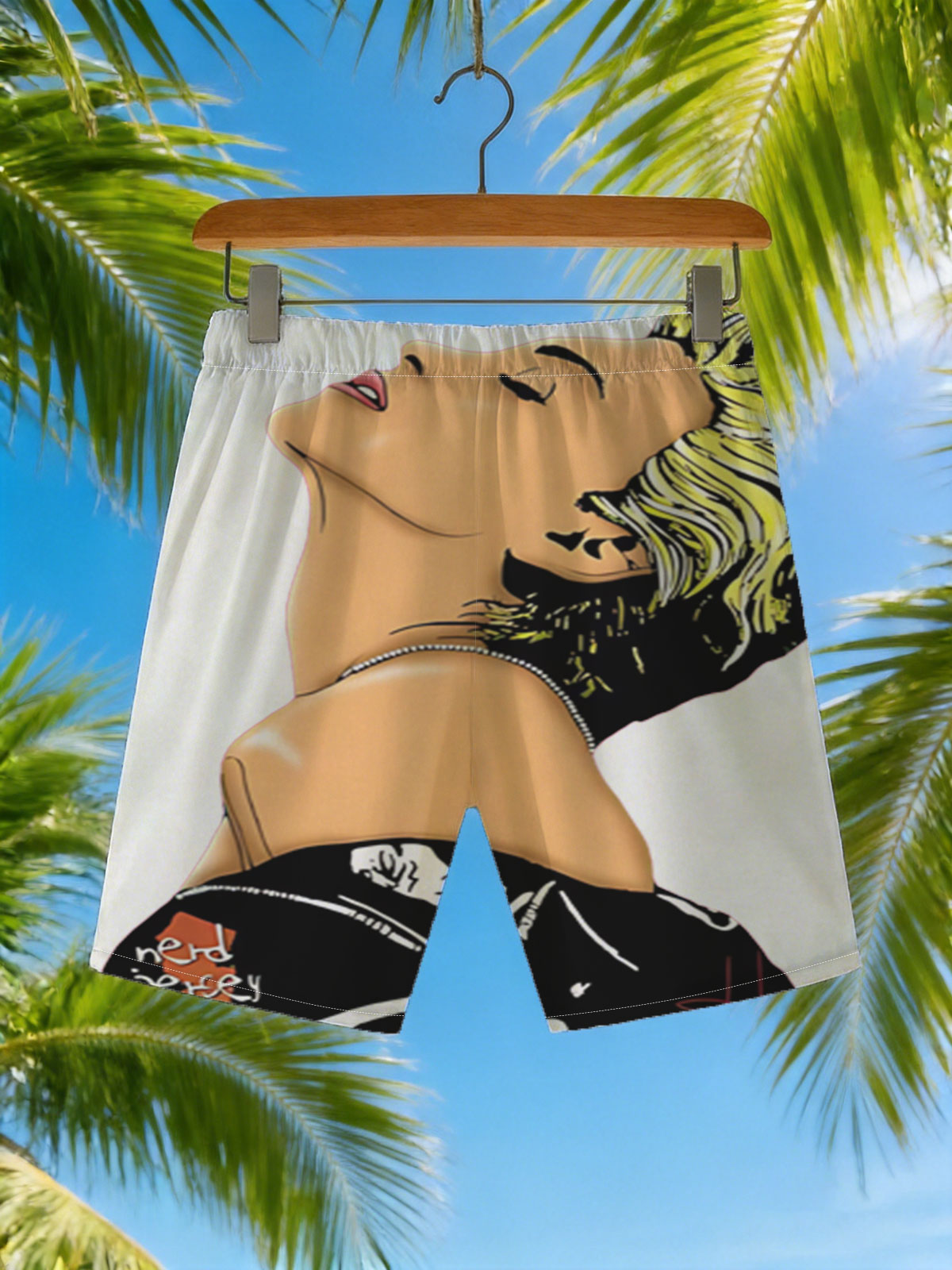 Miley Cyrus in a stylized portrait with bold yellow hair and a black top, artwork by Nerd Jersey Arts. -  Beach shorts