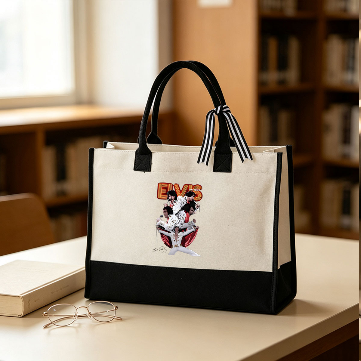 Elvis Presley on Tour: Iconic Performances in White Sequined Jumpsuit - Canvas patchwork gift tote bag