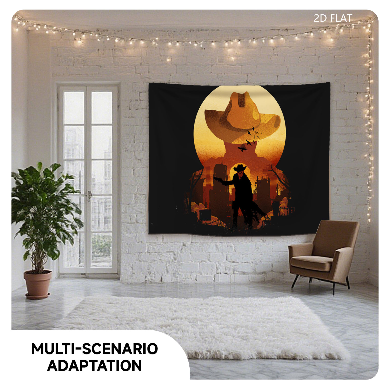 The Cowboy Silhouette Against a Moonlit Cityscape - Tapestry