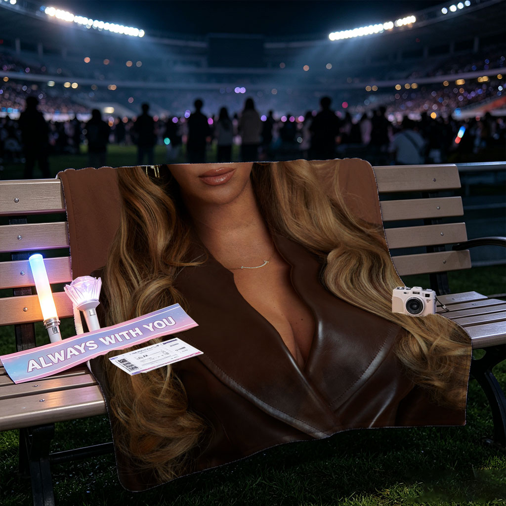 Beyonce in a Bold Brown Leather Look with Elegant Waves and Gold Jewelry - Blankets
