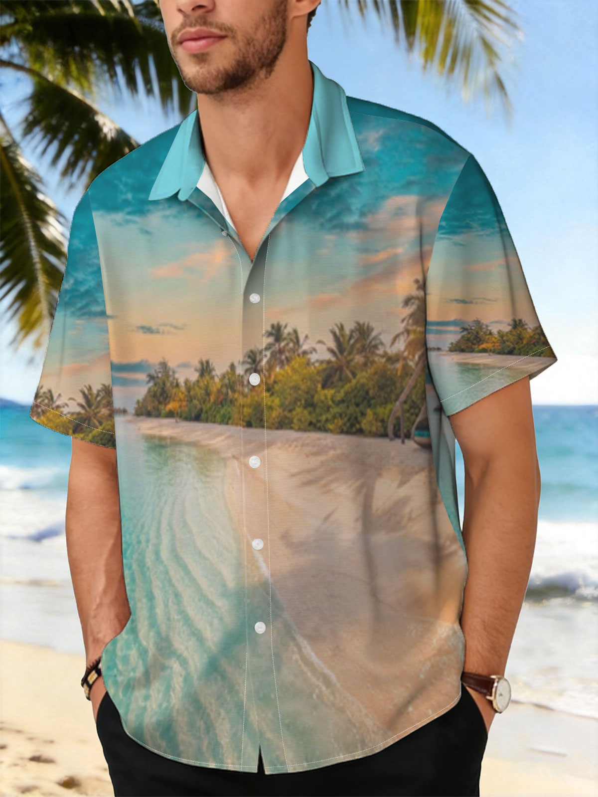 Tropical beach with crystal clear water and palm trees at sunset -  Shirt