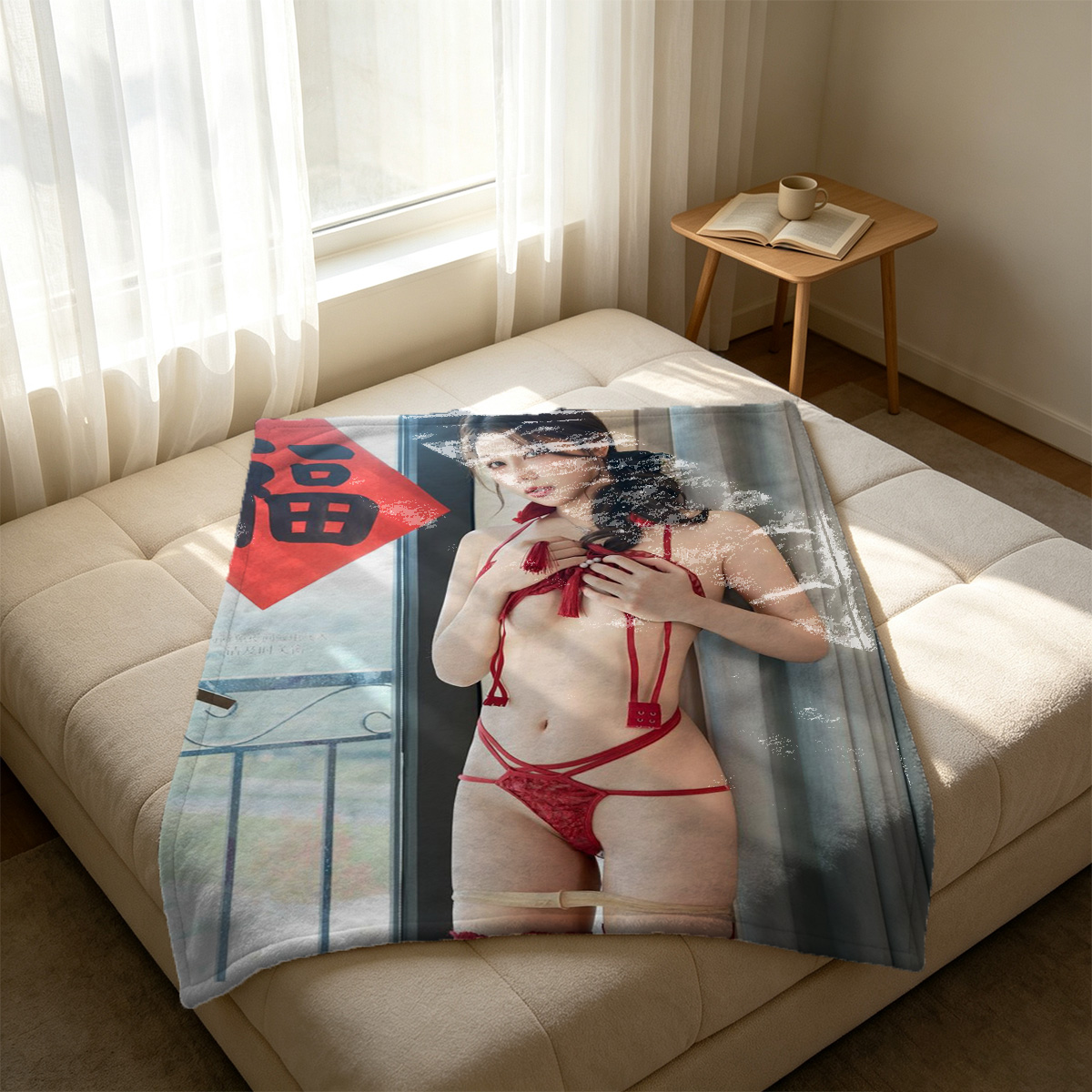 Bound Asian Girl in Black Lingerie and Collar on Bed - Blanket