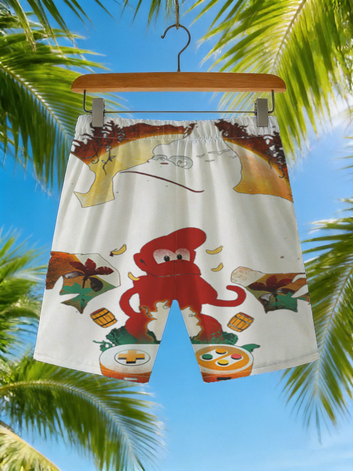 Diddy Kong and Donkey Kong in a jungle scene with a Nintendo 64 controller, featuring bananas and barrels. -  Beach shorts