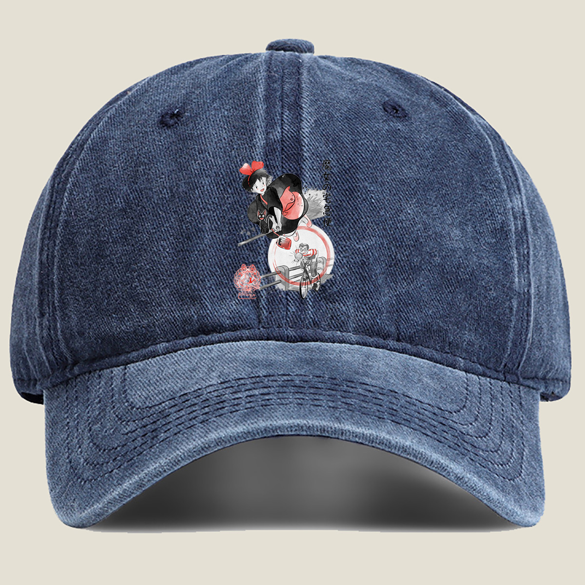 Kiki's Delivery Service: Kiki and Jiji on Broomstick with Delivery Man - Washed Denim - Baseball Cap