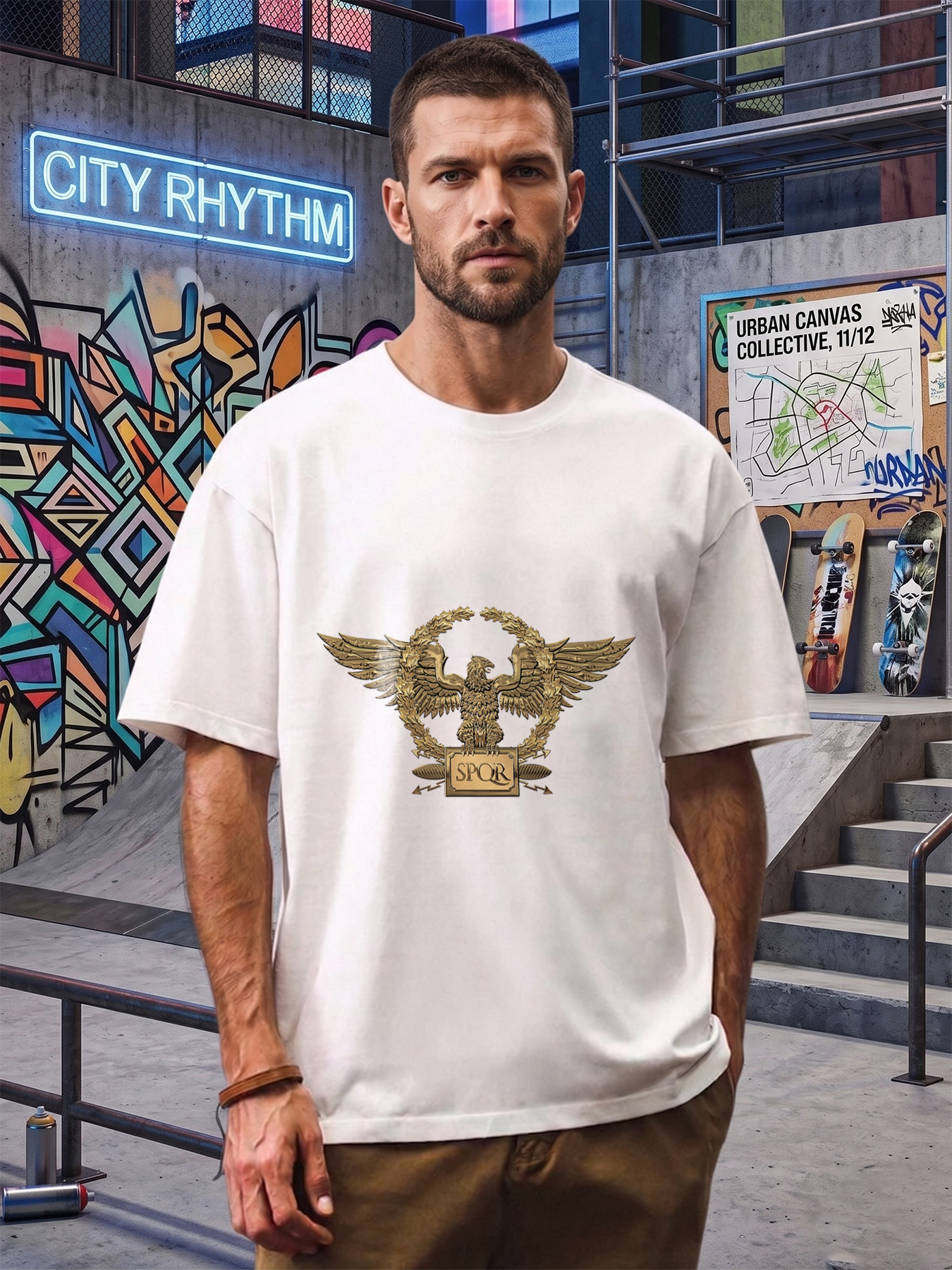 Men's Printed T-Shirt with Golden Eagle SPQR Emblem Design Casual Round Neck Summer Lightweight Breathable Short Sleeve T-Shirt for Outdoor Activities and Everyday Wear Adults