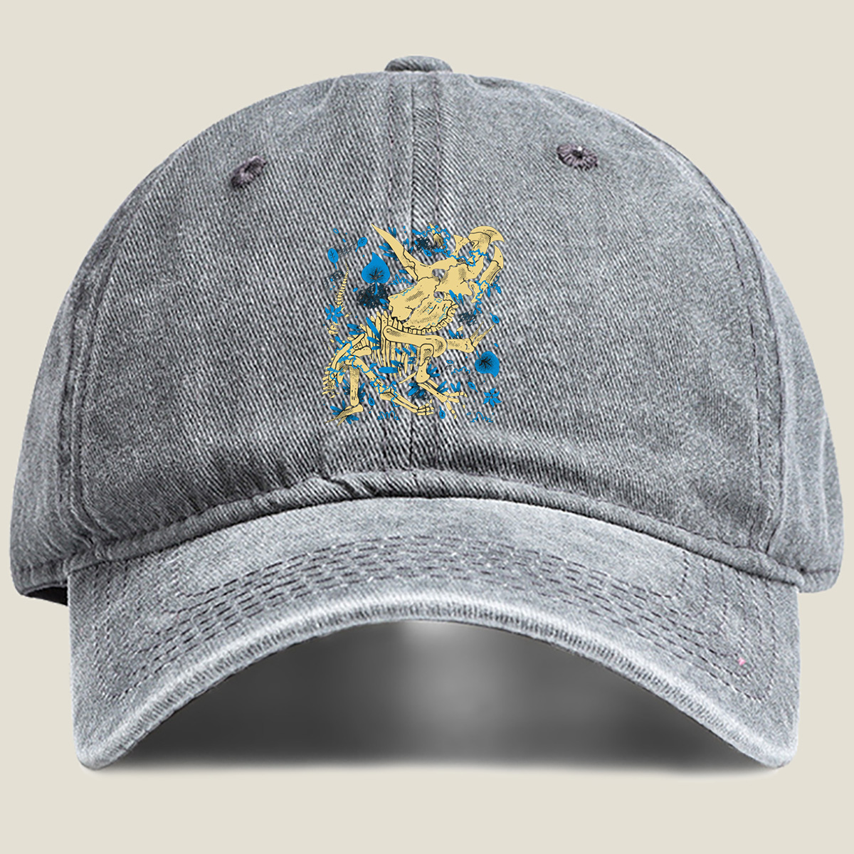 Triceratops Skeleton with Blue Leaves - Washed Denim - Baseball Cap