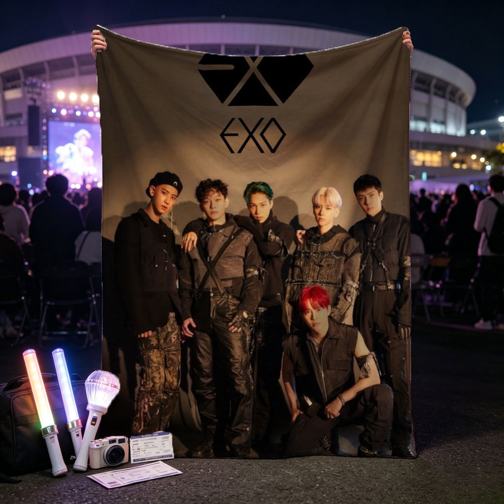 EXO Group Photo - Members in Edgy Black Outfits Posed Against Dark Background with Logo - Blankets