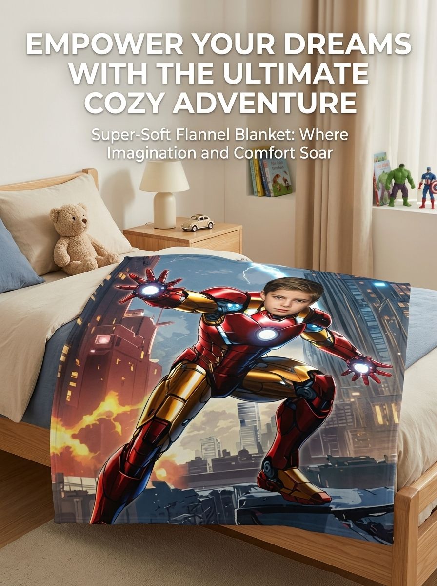 Personalized Superhero Photo Blanket Custom Face Flannel Fleece Throw Soft Warm Bedding Gift for Kids and Teens