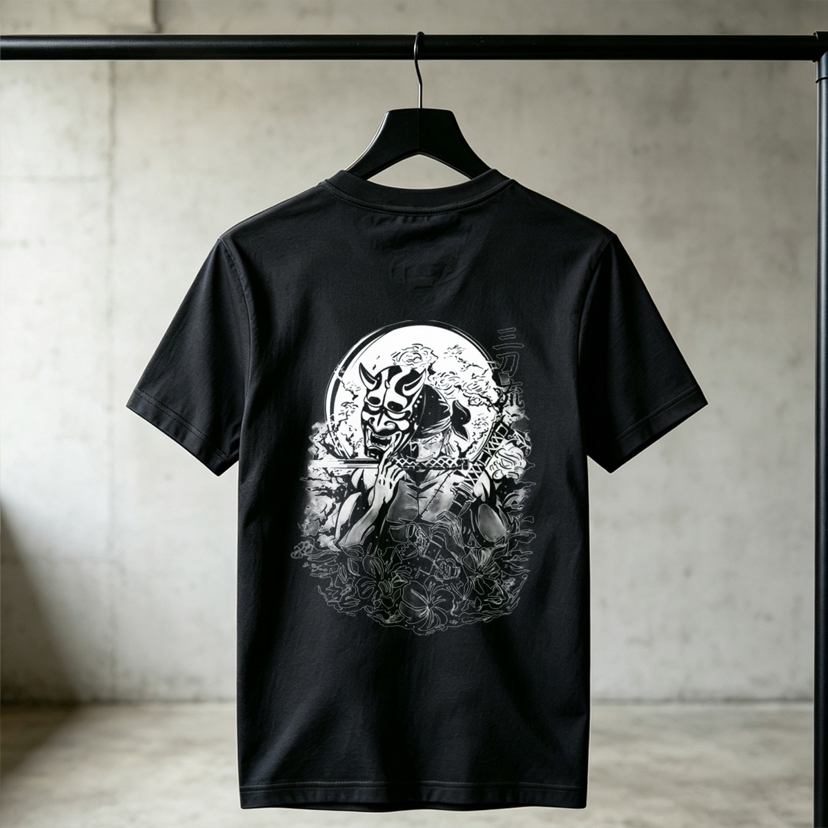 Samurai with Oni Mask and Katana in Floral Scene - Tee