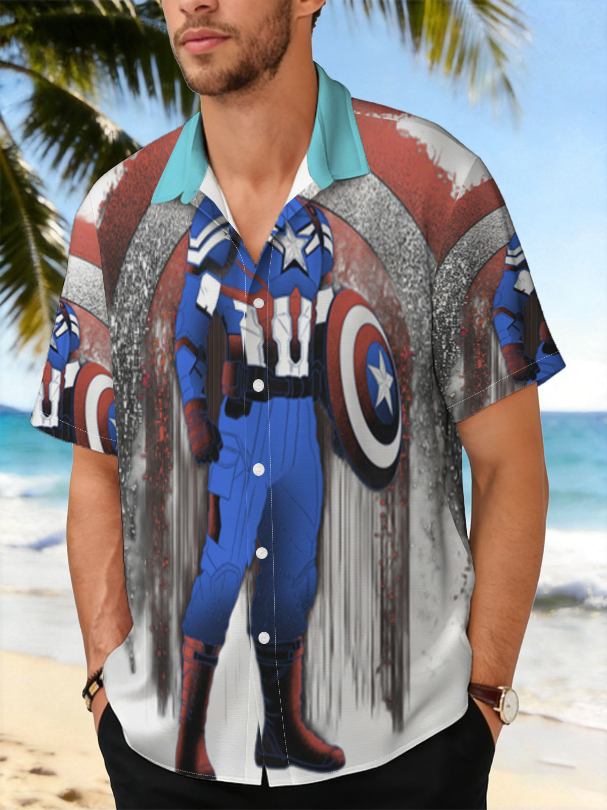 Captain America in Tactical Suit with Shield, Standing Against a Dynamic Red, White, and Blue Background -  Shirt