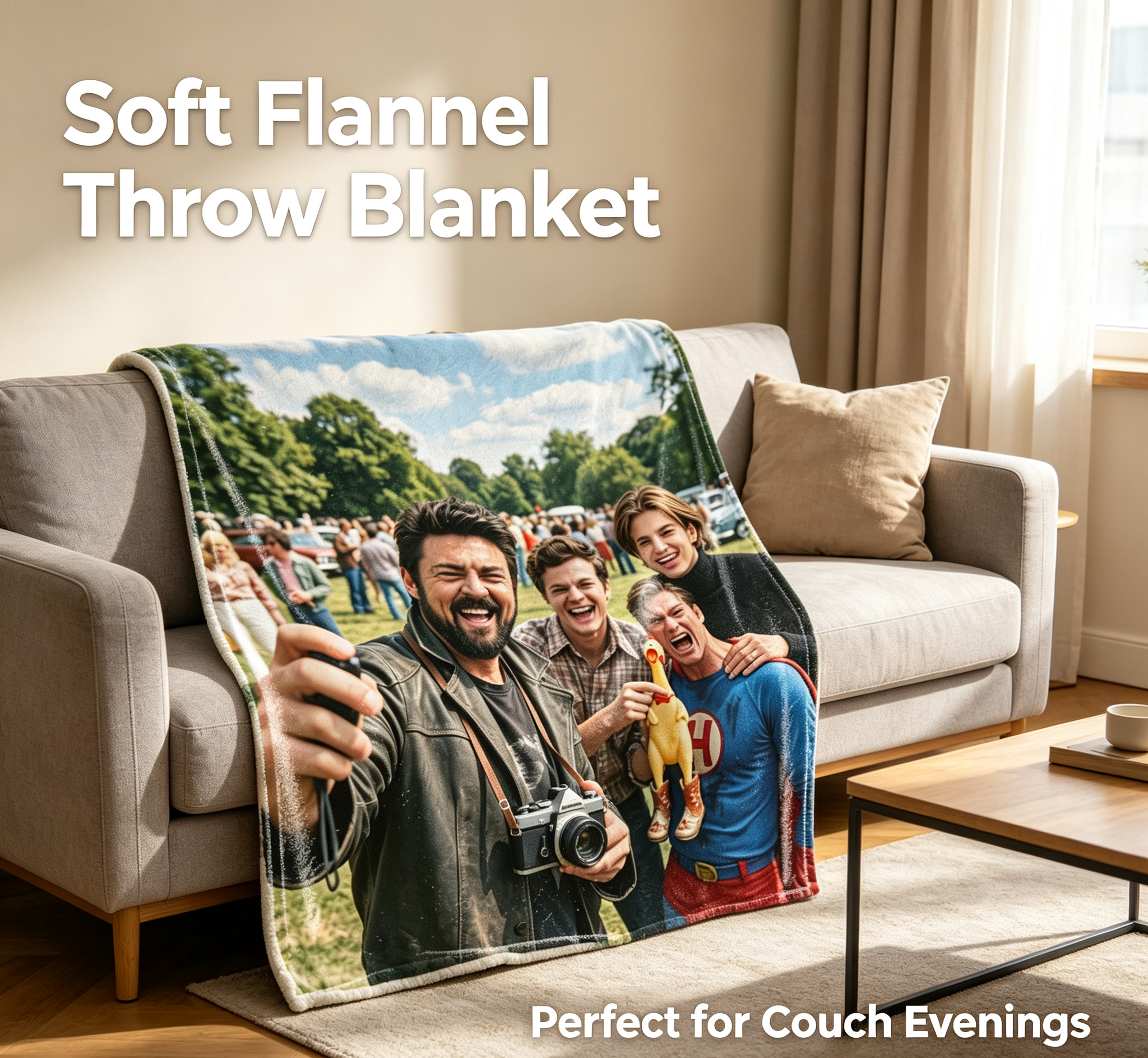 Custom Face Blanket Featuring Iconic Characters in Park Scene Flannel Blanket Perfect for Cozy Nights and Fun Gifts