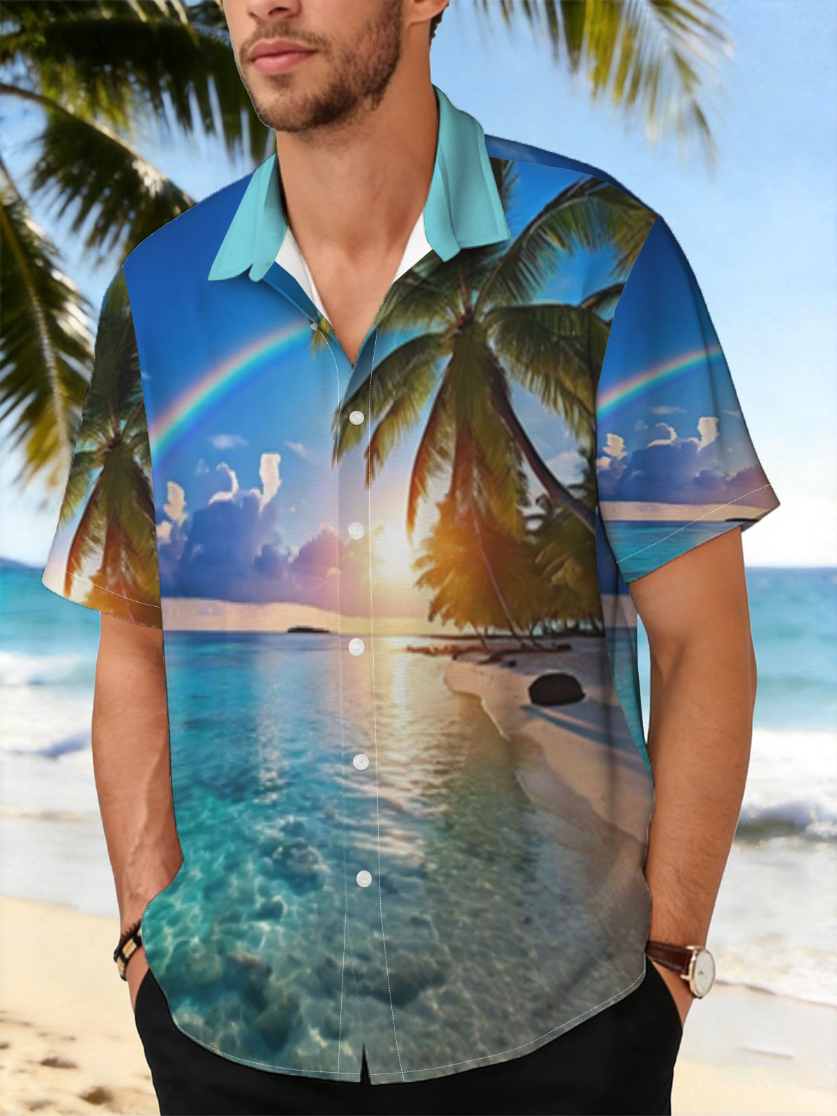 Tropical Beach with Rainbow and Palm Trees at Sunset -  Shirt