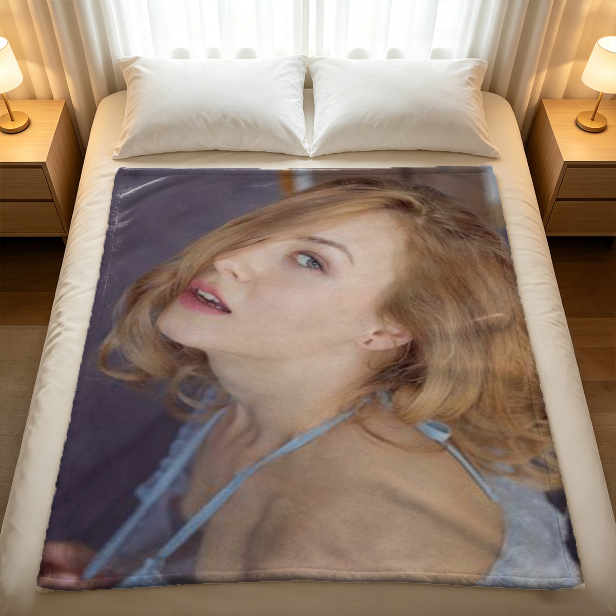 Nude blonde on wooden table. - Blanket