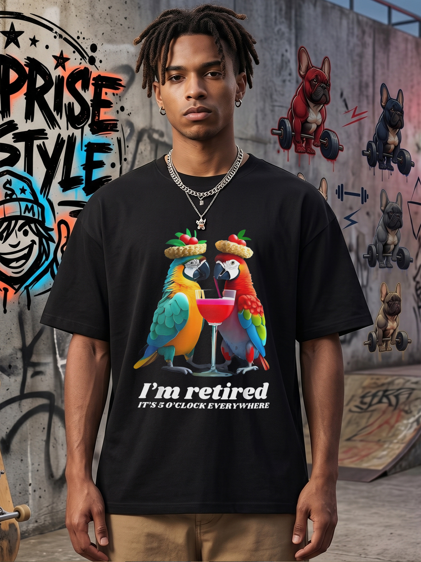 Men's Printed T-Shirt Featuring Colorful Parrots with Cocktail and 