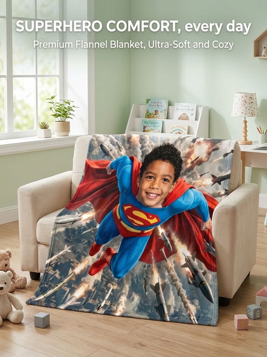 Custom Superhero Photo Face Blanket, Personalized Soft Flannel Fleece Throw for Kids, Ideal Cozy Keepsake Gift