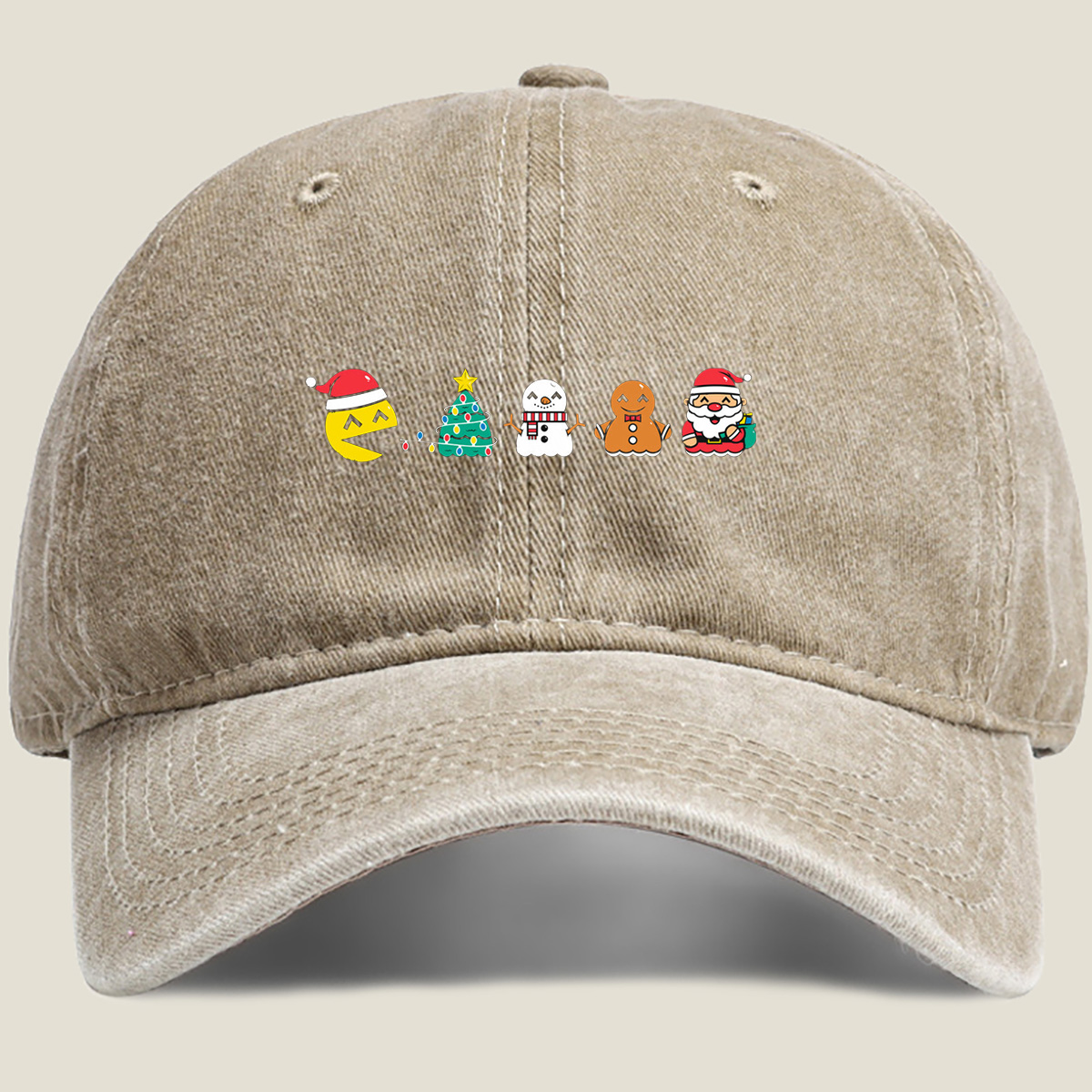 Pac-Man Christmas Characters: Pac-Man, Christmas Tree, Snowman, Gingerbread Man, Santa Claus - Washed Denim - Baseball Cap