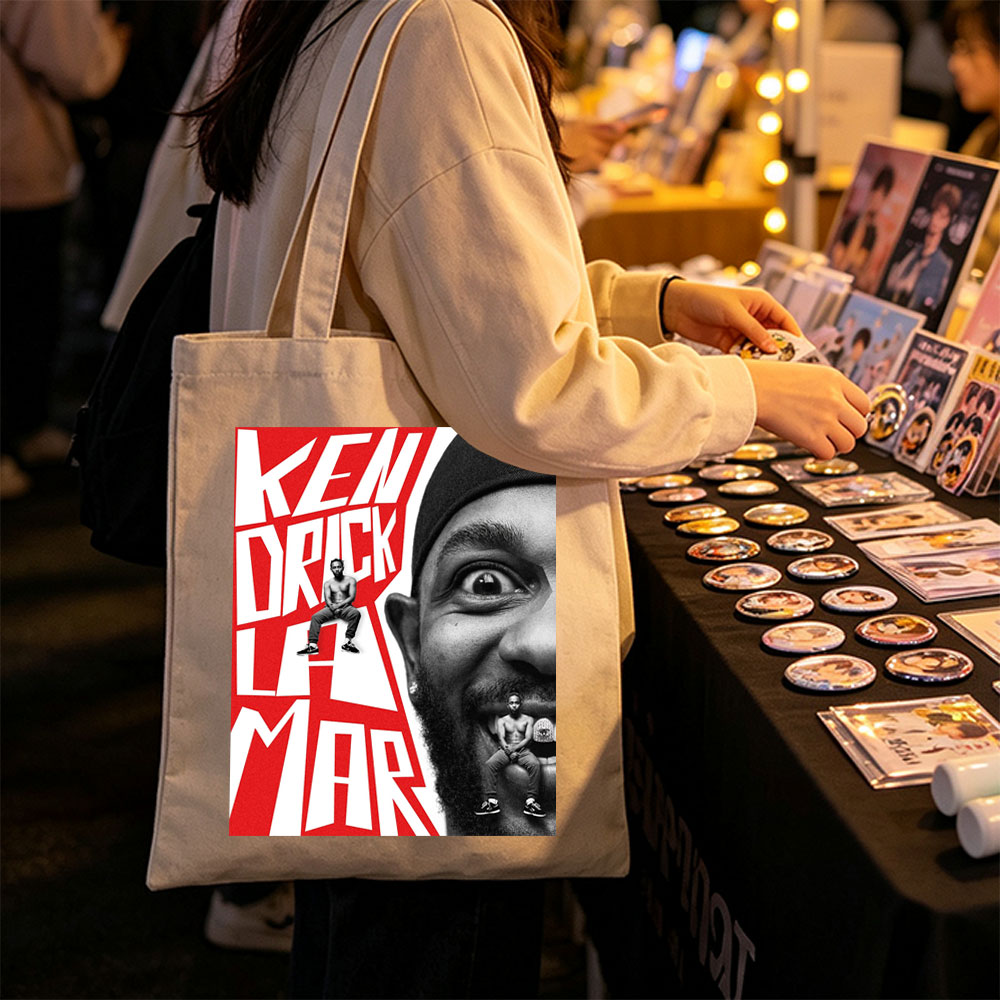 Ken Duck La Mar - Bold Red Text and Black-and-White Portrait with Miniature Figures on Face and Lettering - Canvas tote bags