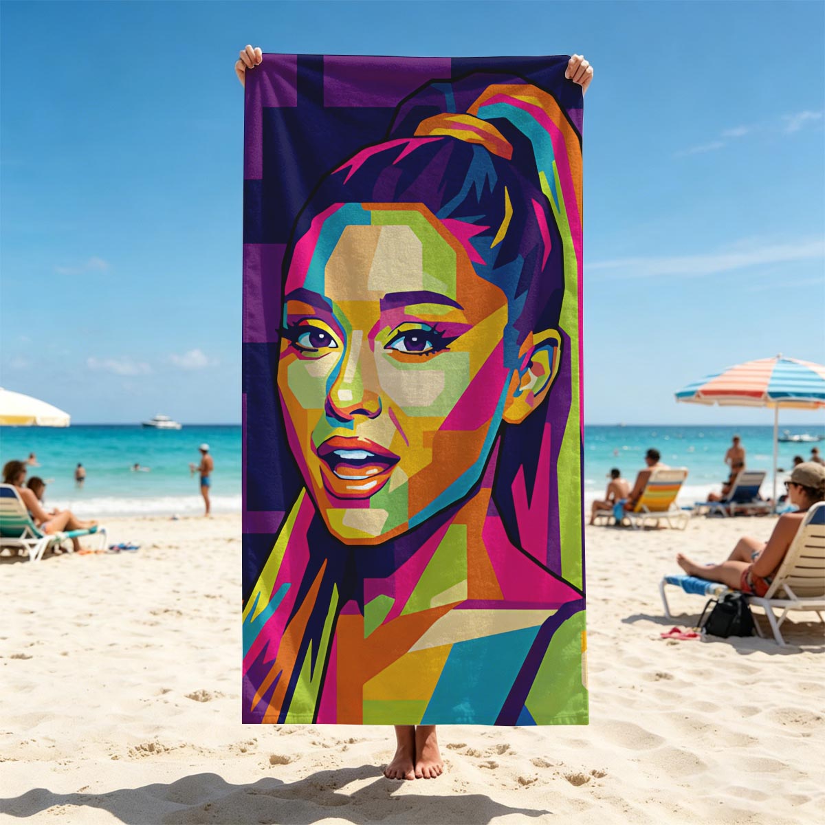 Pop Art Portrait of a Colorful Female Celebrity - Beach towels