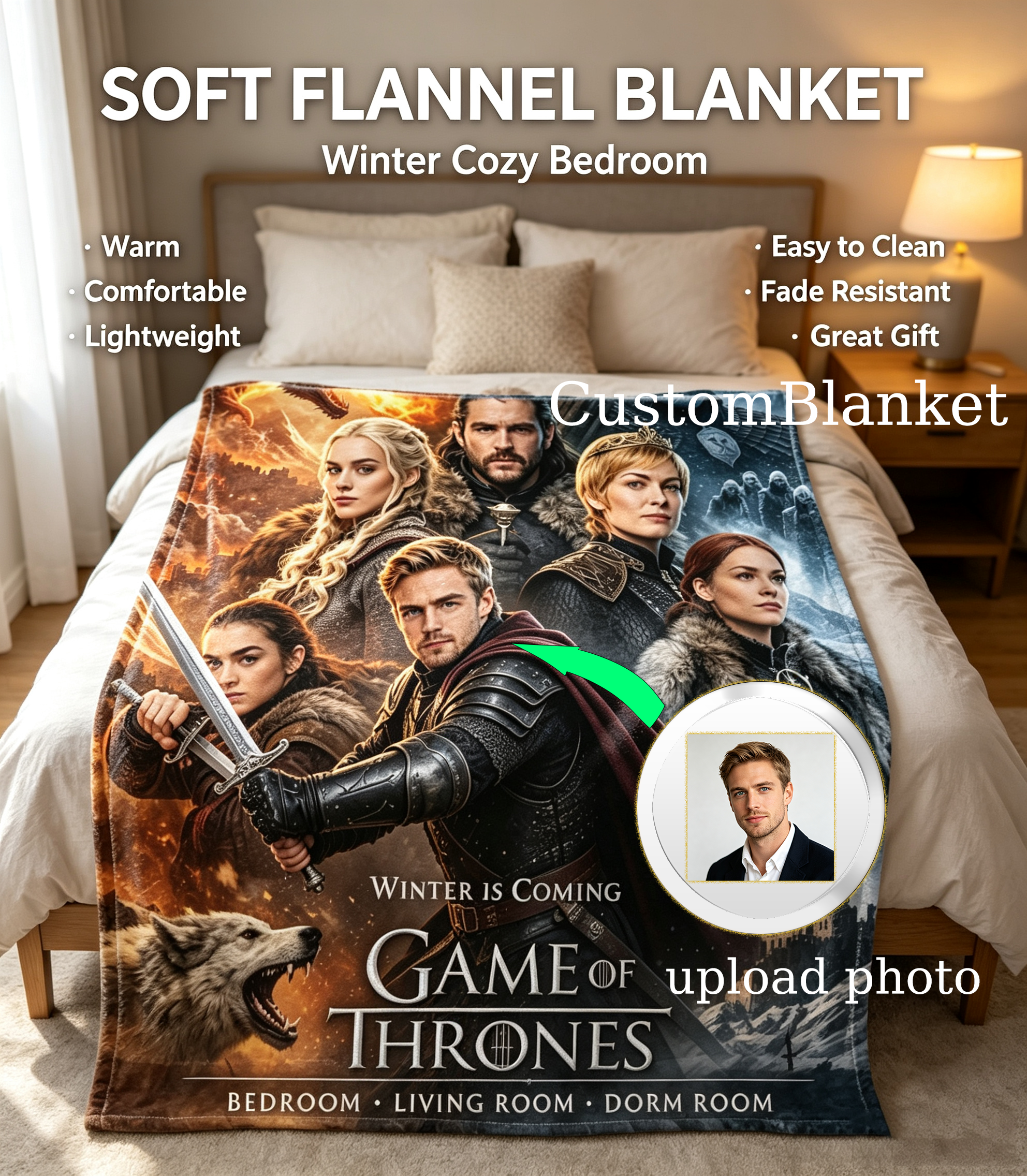 Custom Face Blanket Game of Thrones Flannel Blanket for Couch or Bedding – Perfect Gift for Fans and Collectors