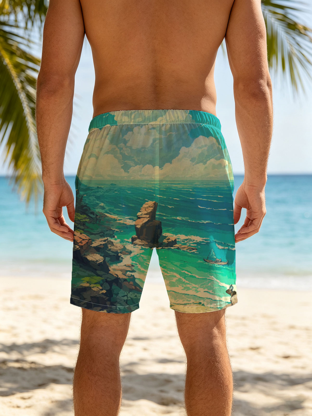 Coastal Landscape with Rocky Shore and Sailboat -  Beach shorts
