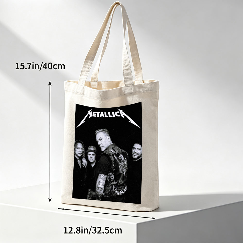 Metallica Band Members in Black and White Portrait with Iconic Logo - Canvas tote bags