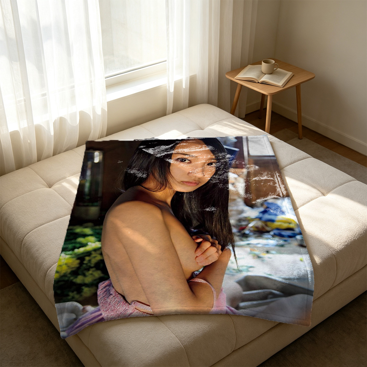 Nude Woman Drinking Coffee in Kitchen - Blanket