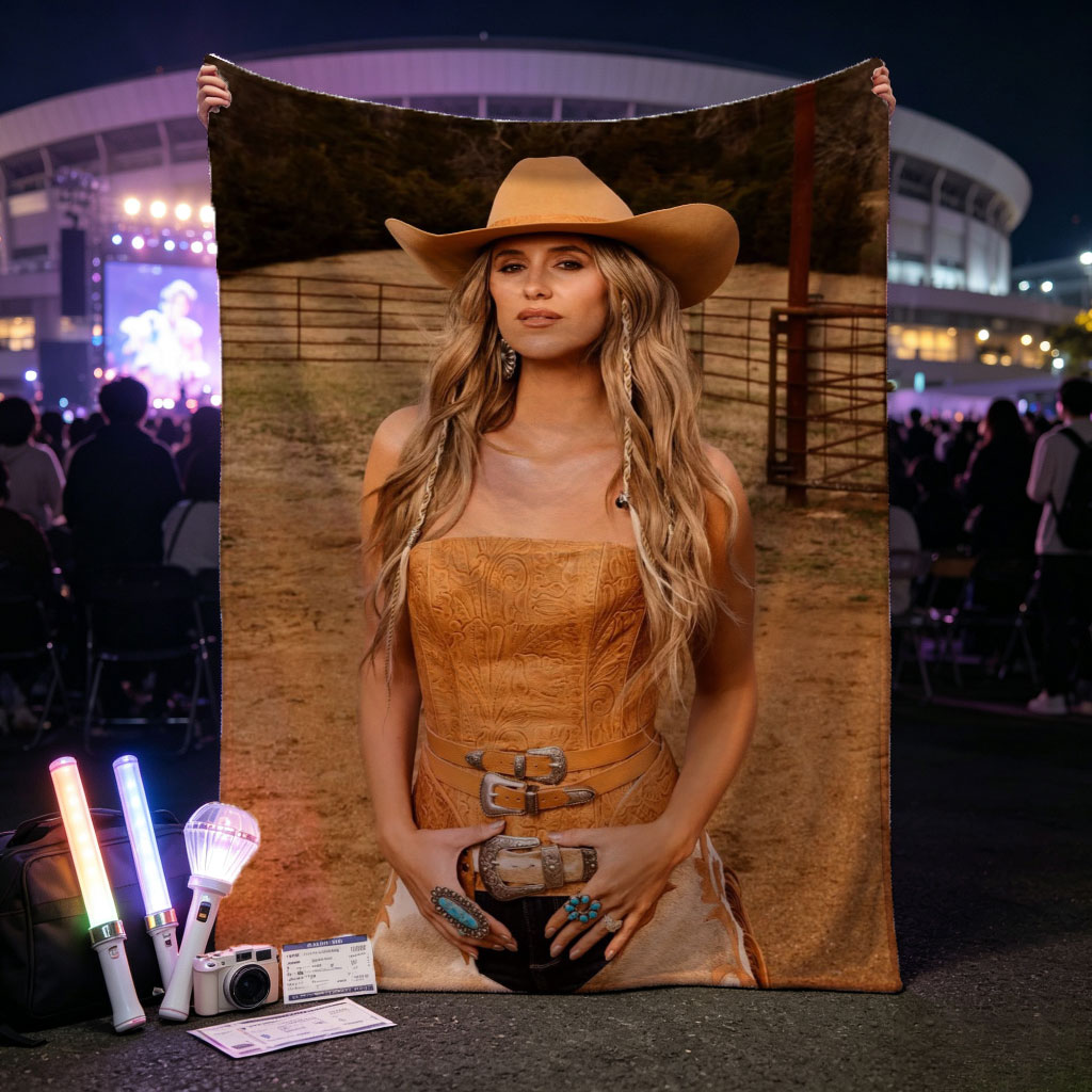 Paris Hilton in Cowboy Chic: Wearing a Tan Hat and Embroidered Corset Outfit on a Ranch - Blankets