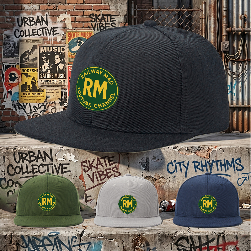 Flat Brim Baseball Cap Railway Mad RM Logo Print Streetwear Underground Skate Style for Basketball Court Street Skate Park Skaters Rappers Urban Players